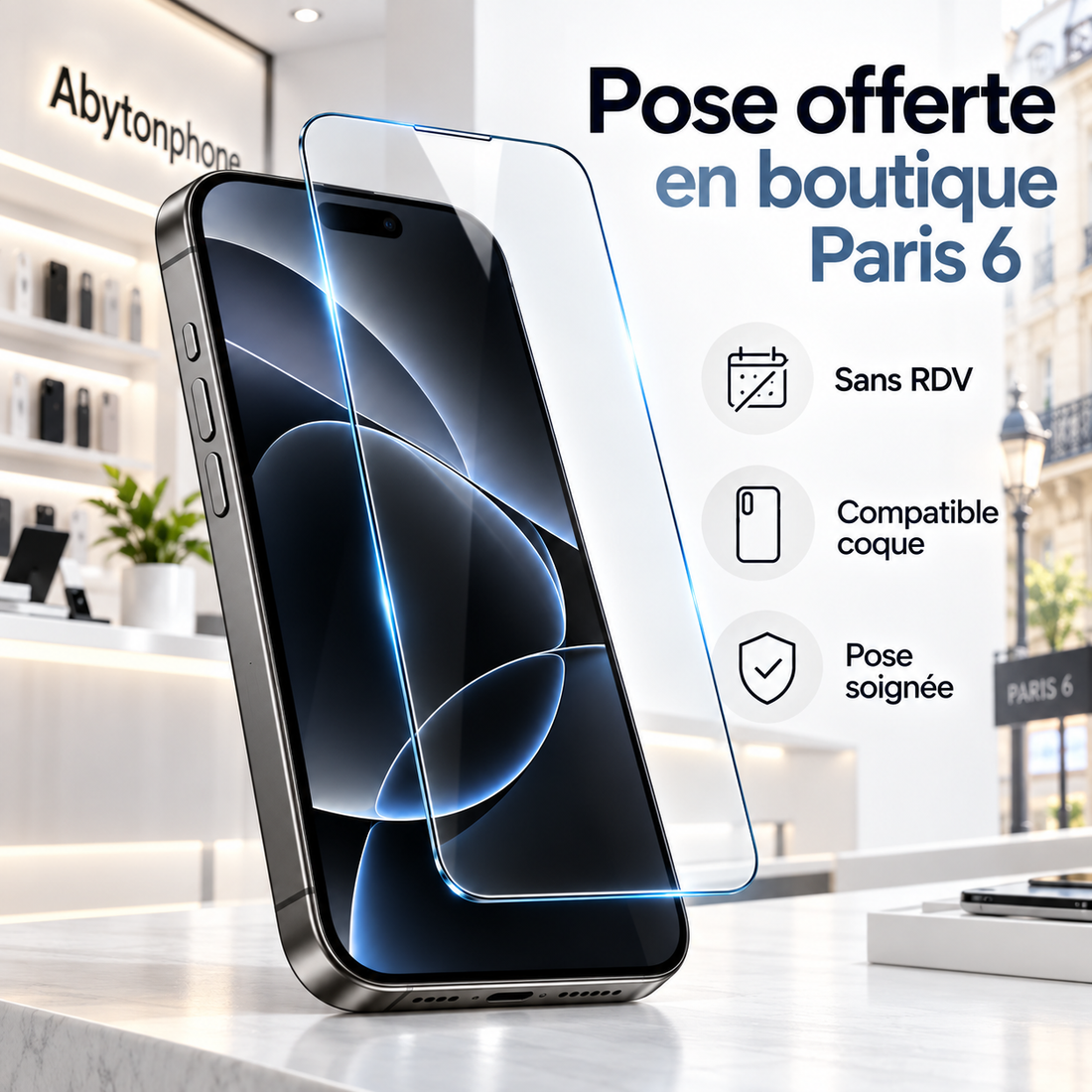 Pose offerte du verre trempé iPhone 18 Pro Max chez Abytonphone Paris 6