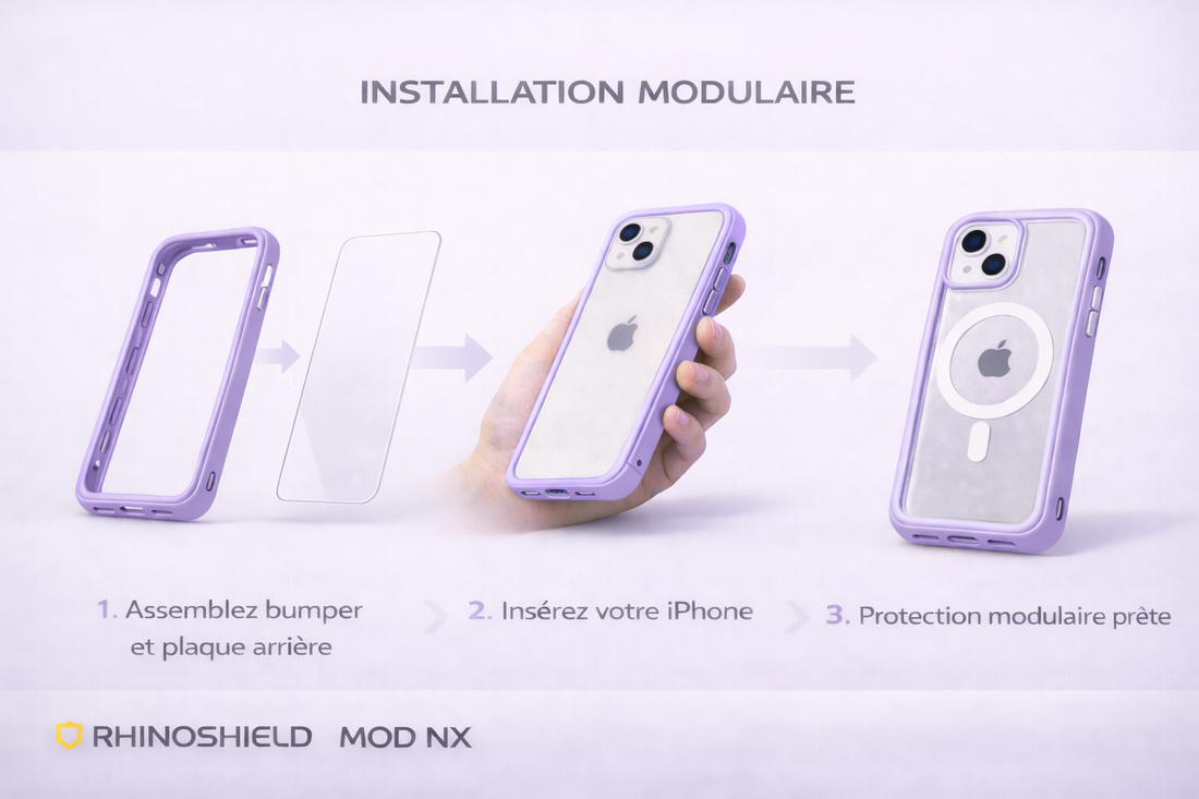 installation coque rhinoshield mod nx iphone 14 bumper modulaire lilas