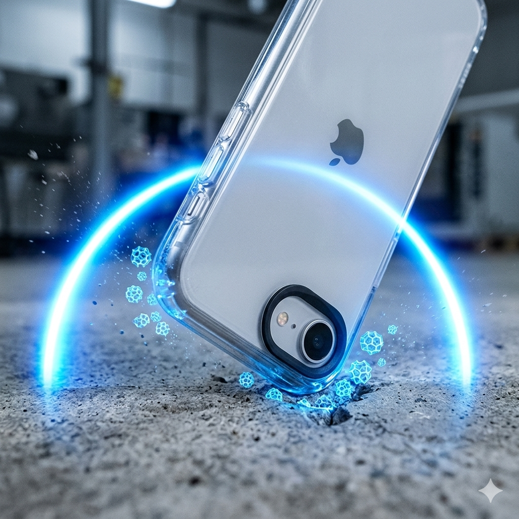 Coque transparente RhinoShield Clear pour iPhone 16e montrant l’absorption des chocs