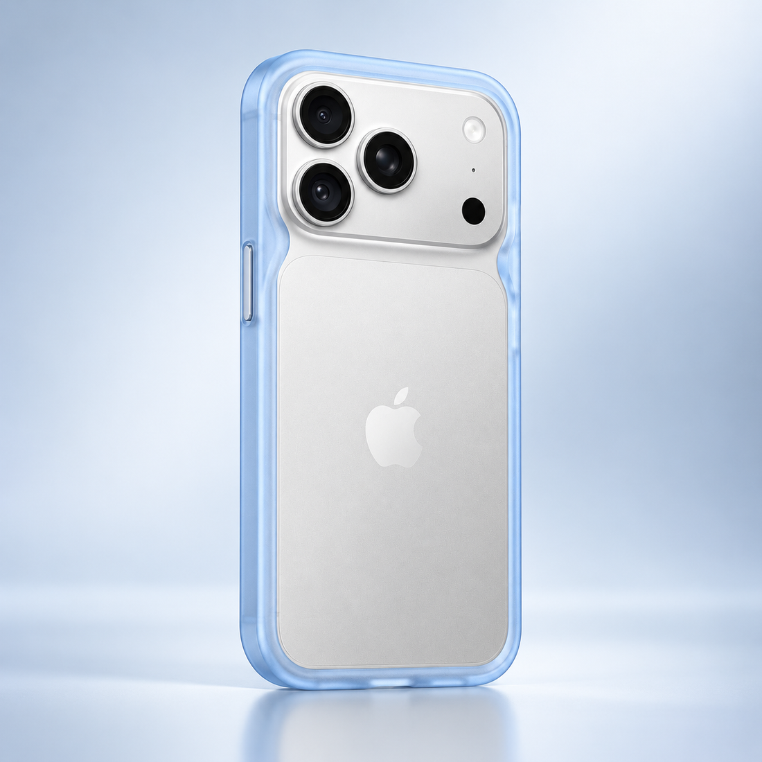 Visuel commercial coque RhinoShield Bumper iPhone 18 Pro Bleu Transparent - vue trois quarts