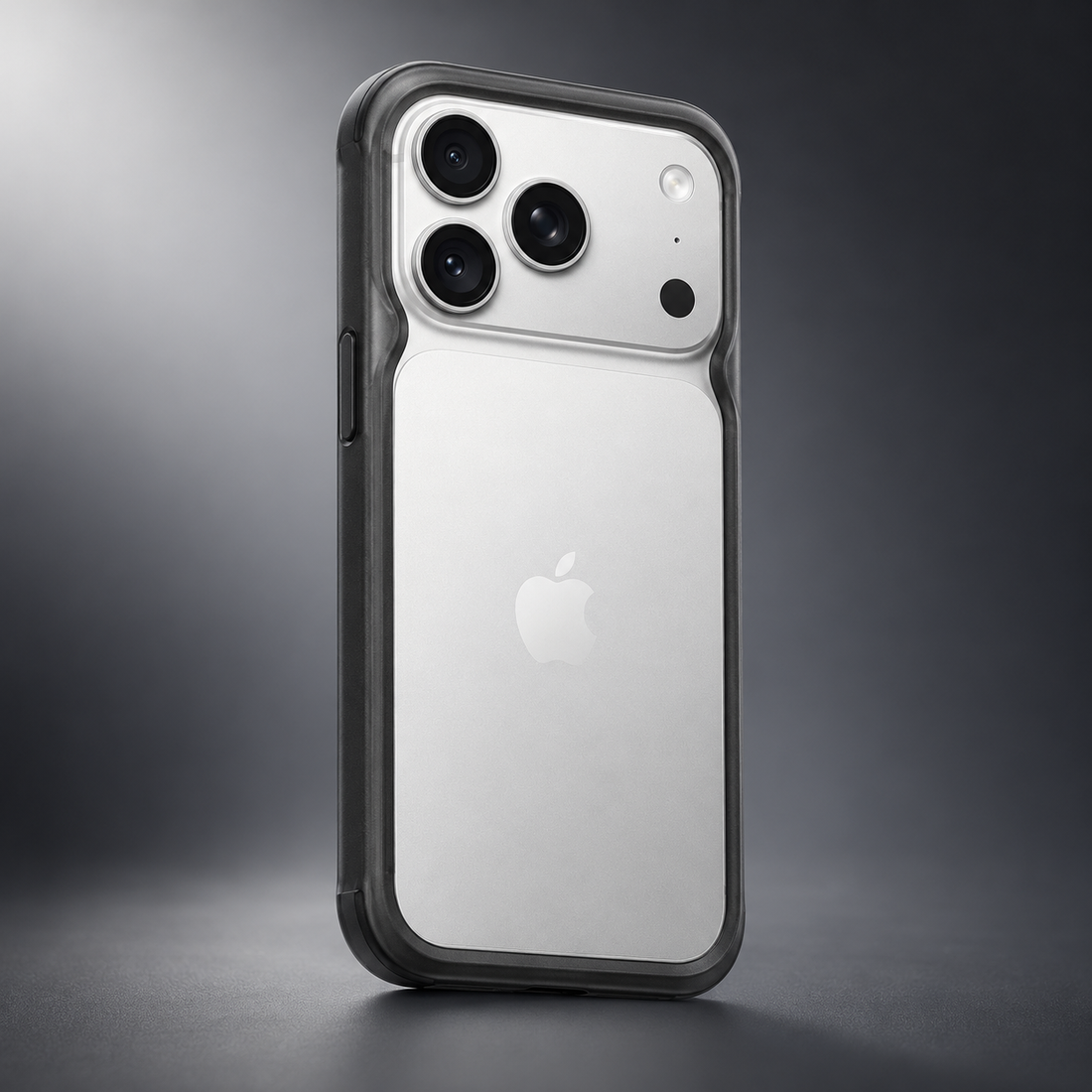 Visuel commercial coque RhinoShield Bumper iPhone 18 Pro Noir Translucide - vue trois quarts