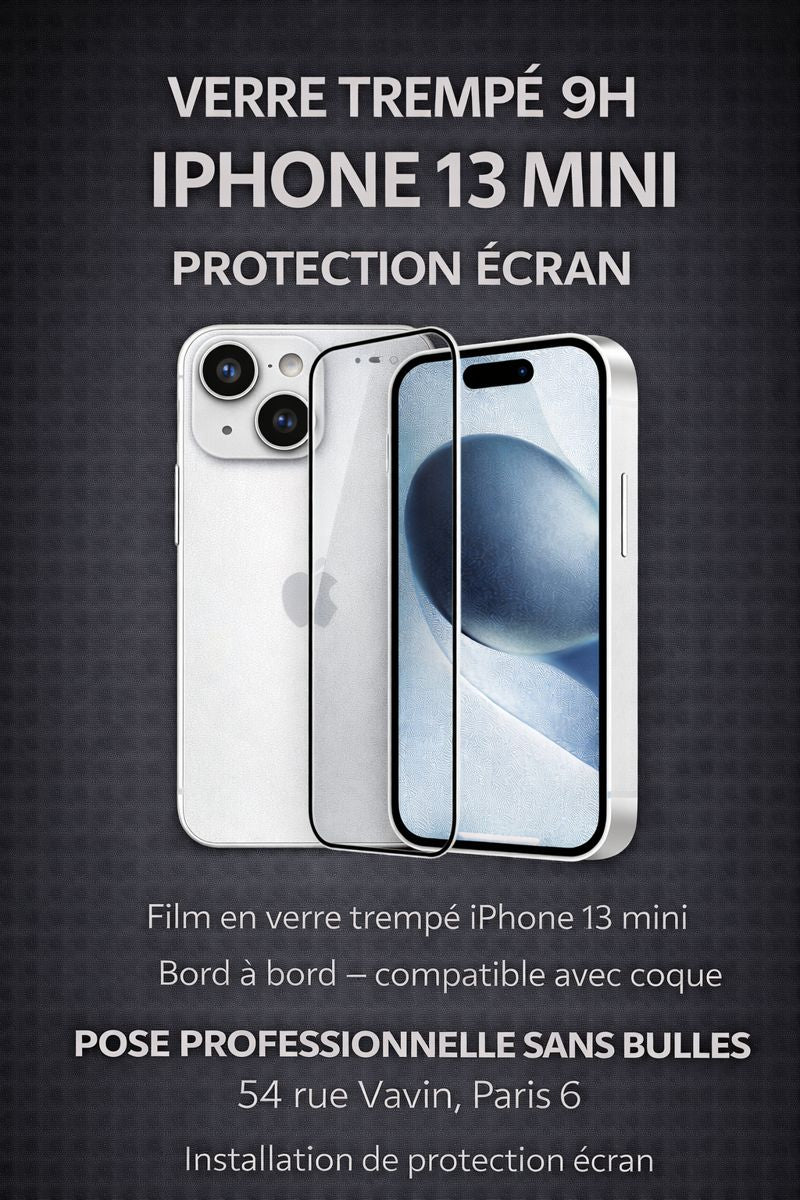 Film de protection en verre trempé 9H pour iPhone 13 mini avec découpe précise, pose offerte sans bulles en boutique à Paris 6 – 54 rue Vavin