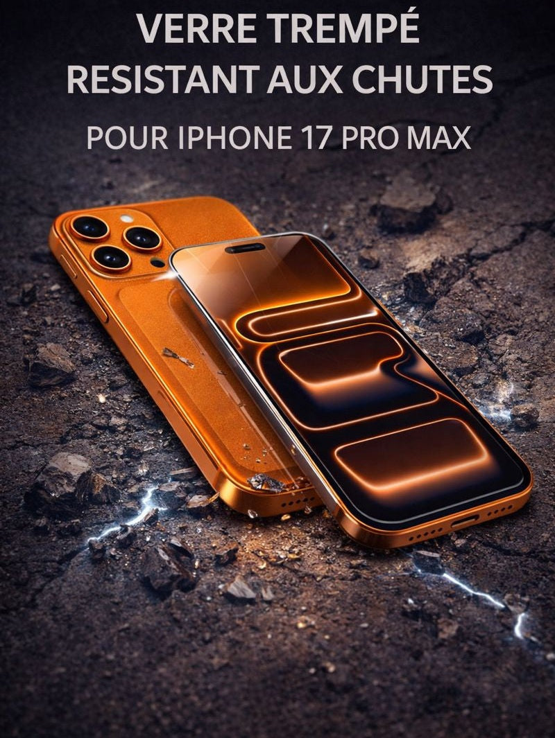 Deux iPhone 17 Pro Max orange, posés sur un sol craquelé avec éclats de verre autour, illustrant un test de résistance. Le téléphone à l’écran visible est intact grâce au verre trempé de protection.