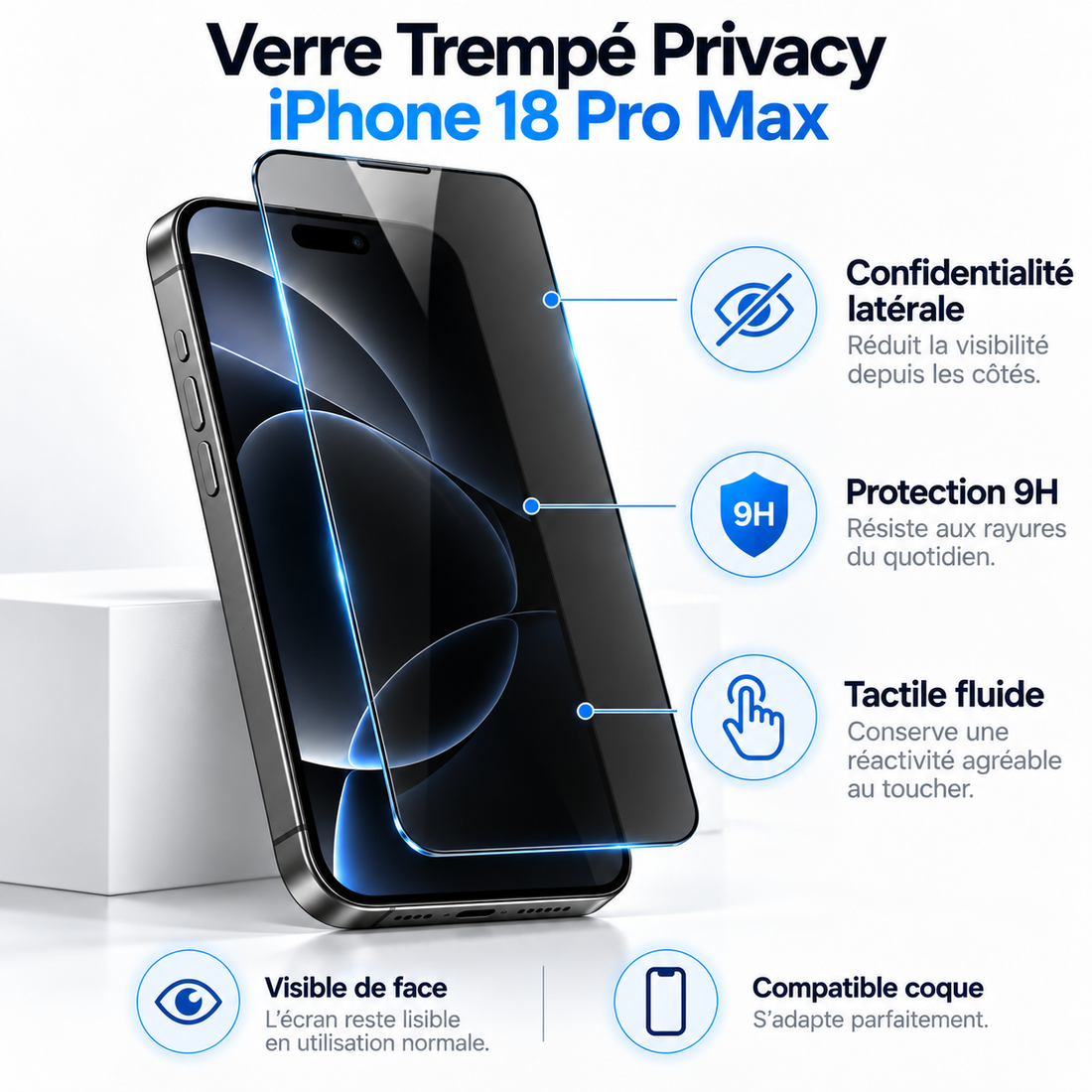 Verre trempé Privacy iPhone 18 Pro Max – confidentialité latérale et caractéristiques
