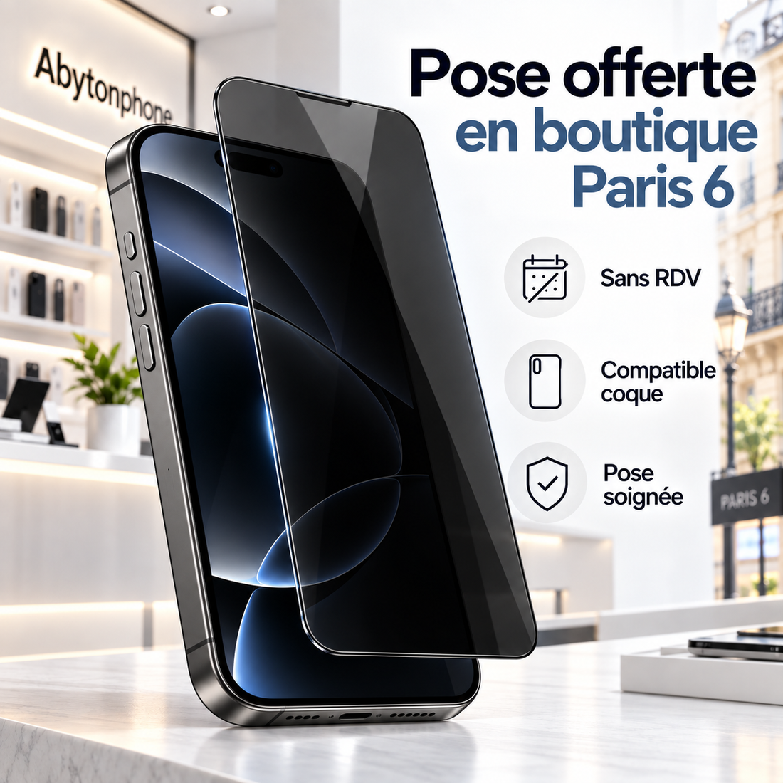 Verre trempé Privacy iPhone 18 Pro Max – pose offerte Abytonphone Paris 6
